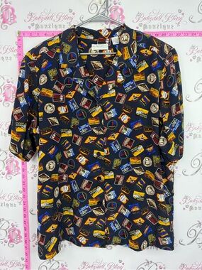 Shirt vintage Navy Short-Sleeve Button-Down Shirt with Travel Patch Print